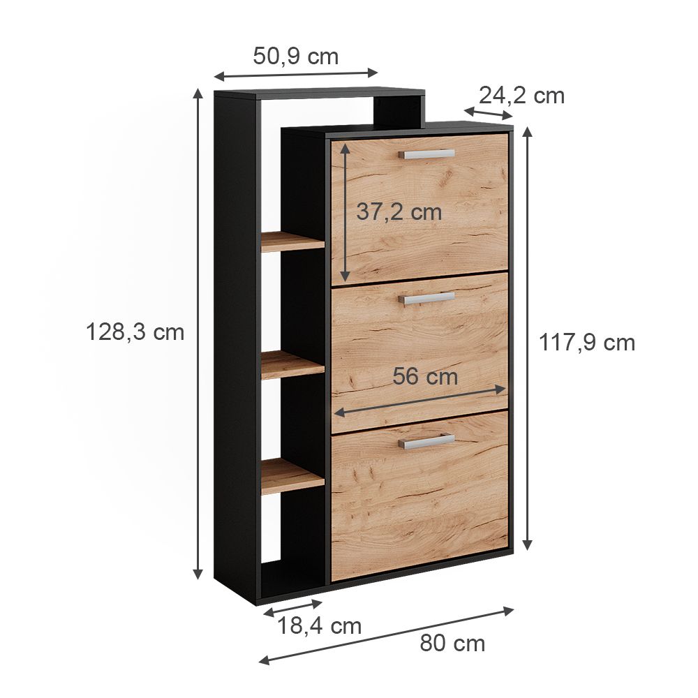 Black and Light Wood Shoe Storage Cabinet with 3 Compartments