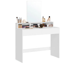 Small Vanity Table with Mirror 2 Drawers 3 Compartments White for Kids and Teens