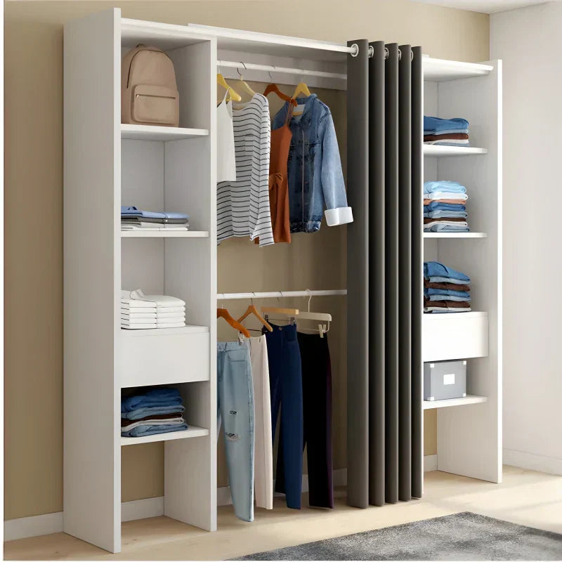 White and Gray Expandable Closet Organizer with Curtain Shelves Double Hanging Rods