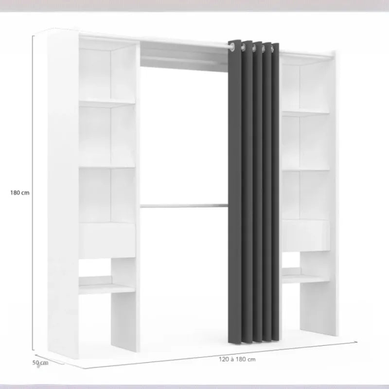 White and Gray Expandable Closet Organizer with Curtain Shelves Double Hanging Rods