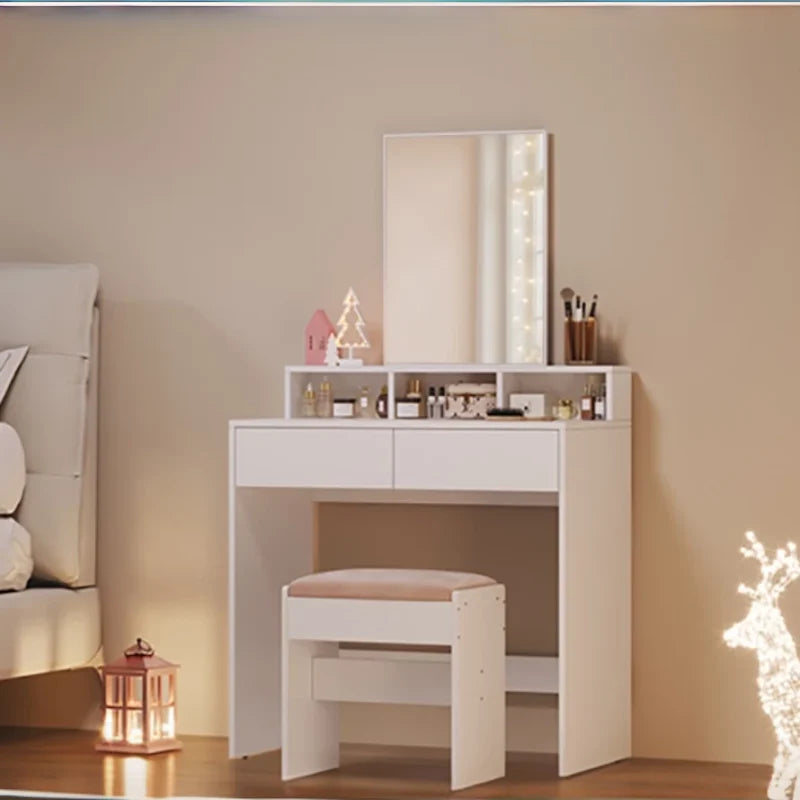 Small Vanity Table with Mirror 2 Drawers 3 Compartments White for Kids and Teens