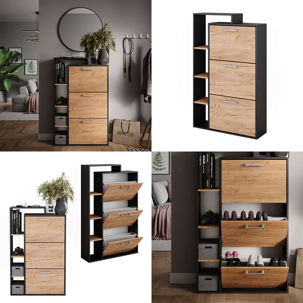 Black and Light Wood Shoe Storage Cabinet with 3 Compartments