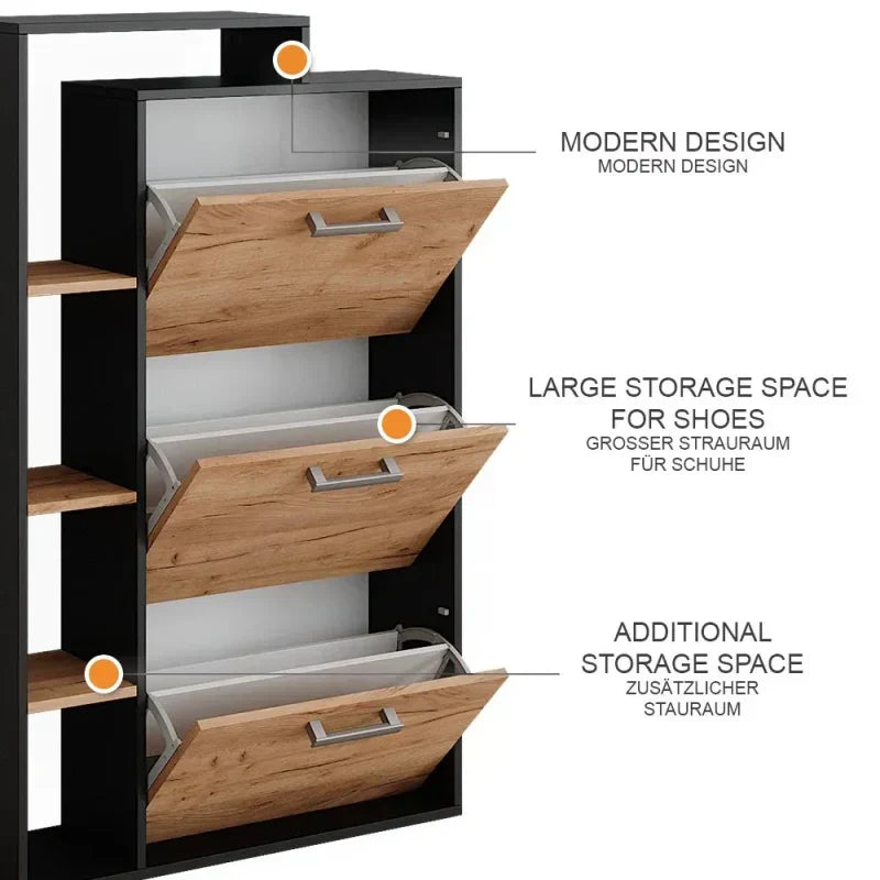 Black and Light Wood Shoe Storage Cabinet with 3 Compartments
