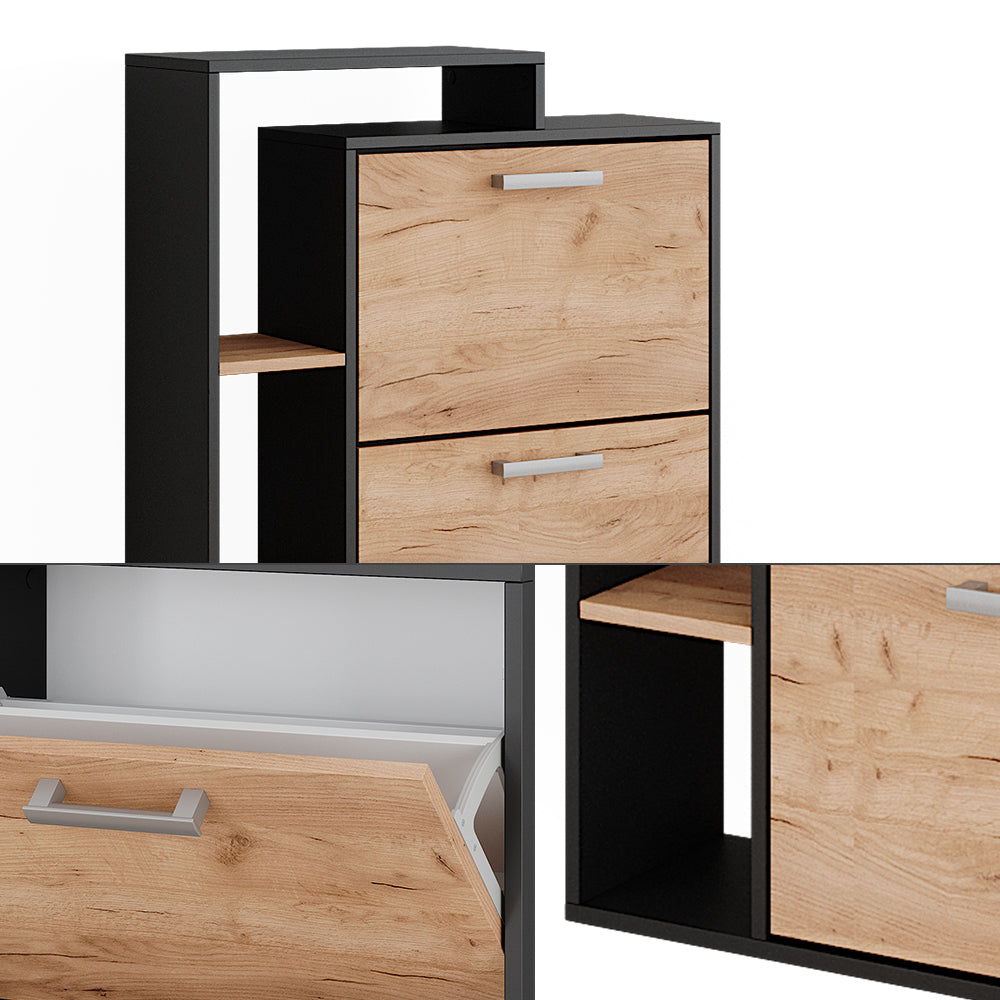 Black and Light Wood Shoe Storage Cabinet with 3 Compartments