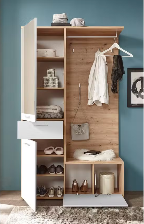 Compact Entryway Cabinet Oak Look and White Storage Furniture