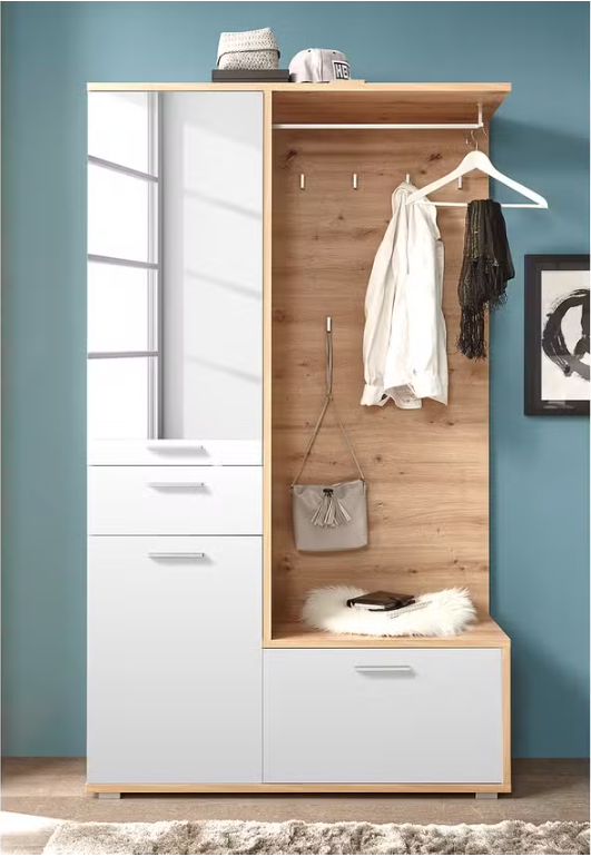 Compact Entryway Cabinet Oak Look and White Storage Furniture