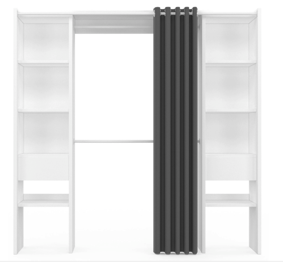 White and Gray Expandable Closet Organizer with Curtain Shelves Double Hanging Rods