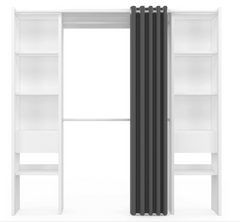 White and Gray Expandable Closet Organizer with Curtain Shelves Double Hanging Rods
