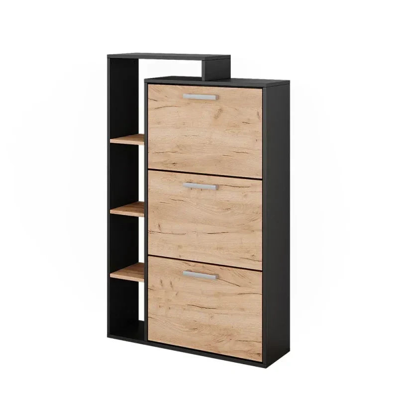 Black and Light Wood Shoe Storage Cabinet with 3 Compartments