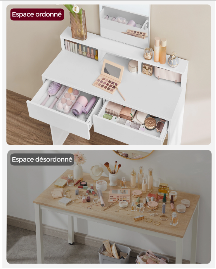 Small Vanity Table with Mirror 2 Drawers 3 Compartments White for Kids and Teens