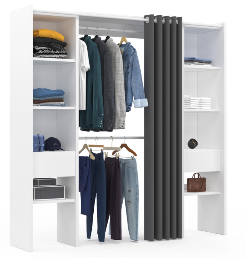 White and Gray Expandable Closet Organizer with Curtain Shelves Double Hanging Rods
