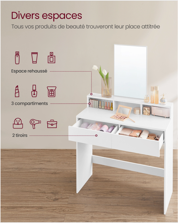 Small Vanity Table with Mirror 2 Drawers 3 Compartments White for Kids and Teens
