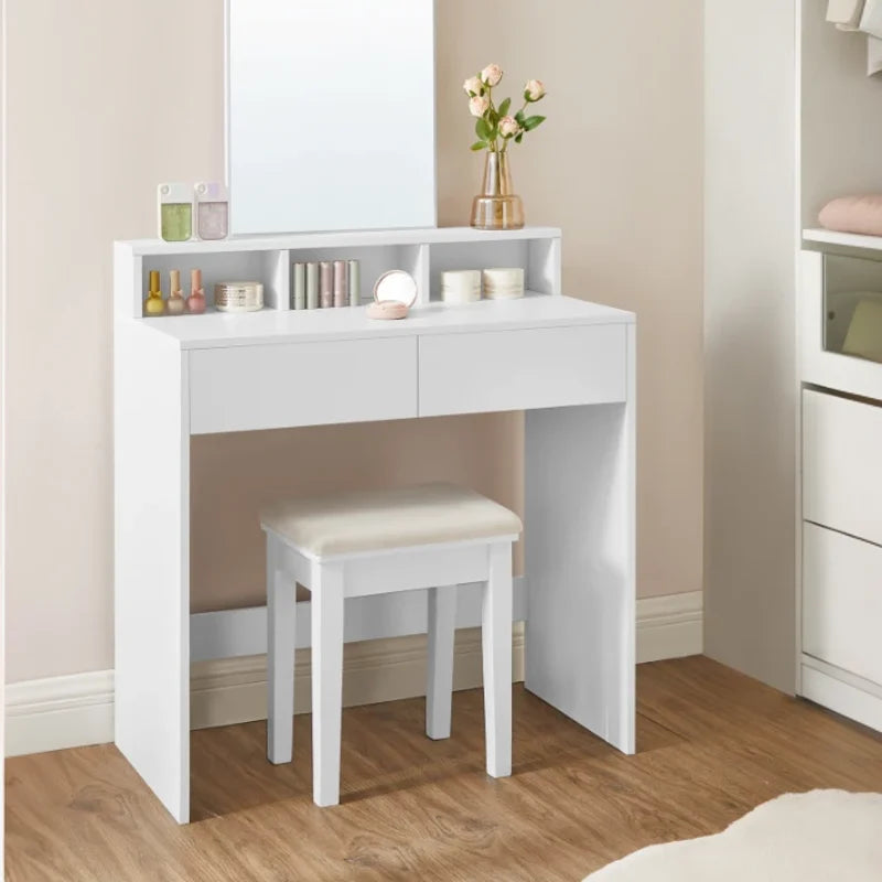 Small Vanity Table with Mirror 2 Drawers 3 Compartments White for Kids and Teens